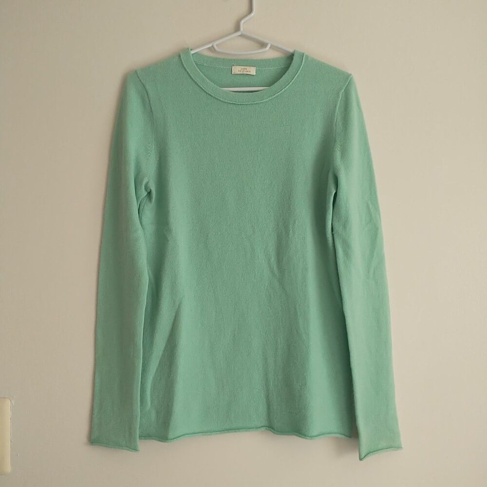 J Crew Sweater Womens XS Green 100% Cashmere Crew Neck Rolled Hems